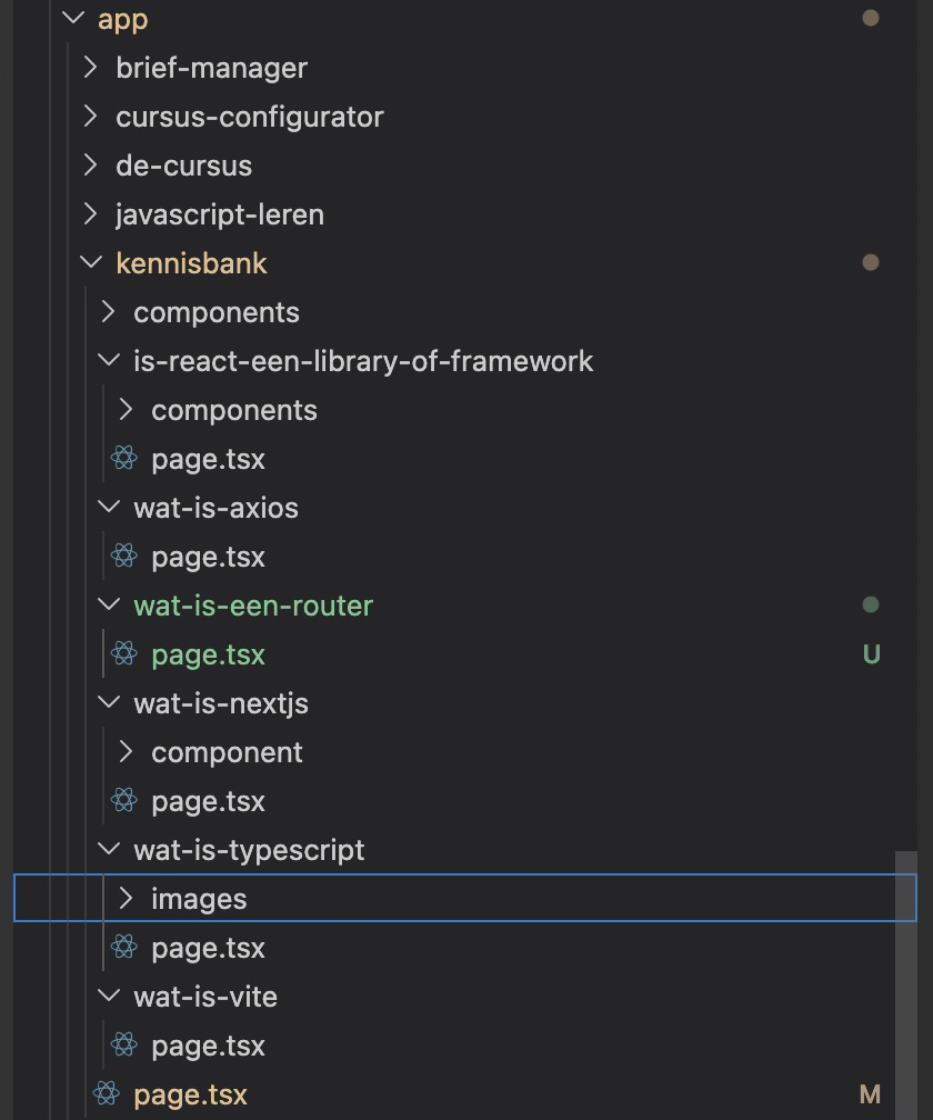 Folder structuur met een 'app' folder met daarin verschillende subfolders zoals bijvoorbeeld 'wat-is-een-router' en 'wat-is-vite' in elk van deze subfolders staat een bestand genaamd 'page.tsx'